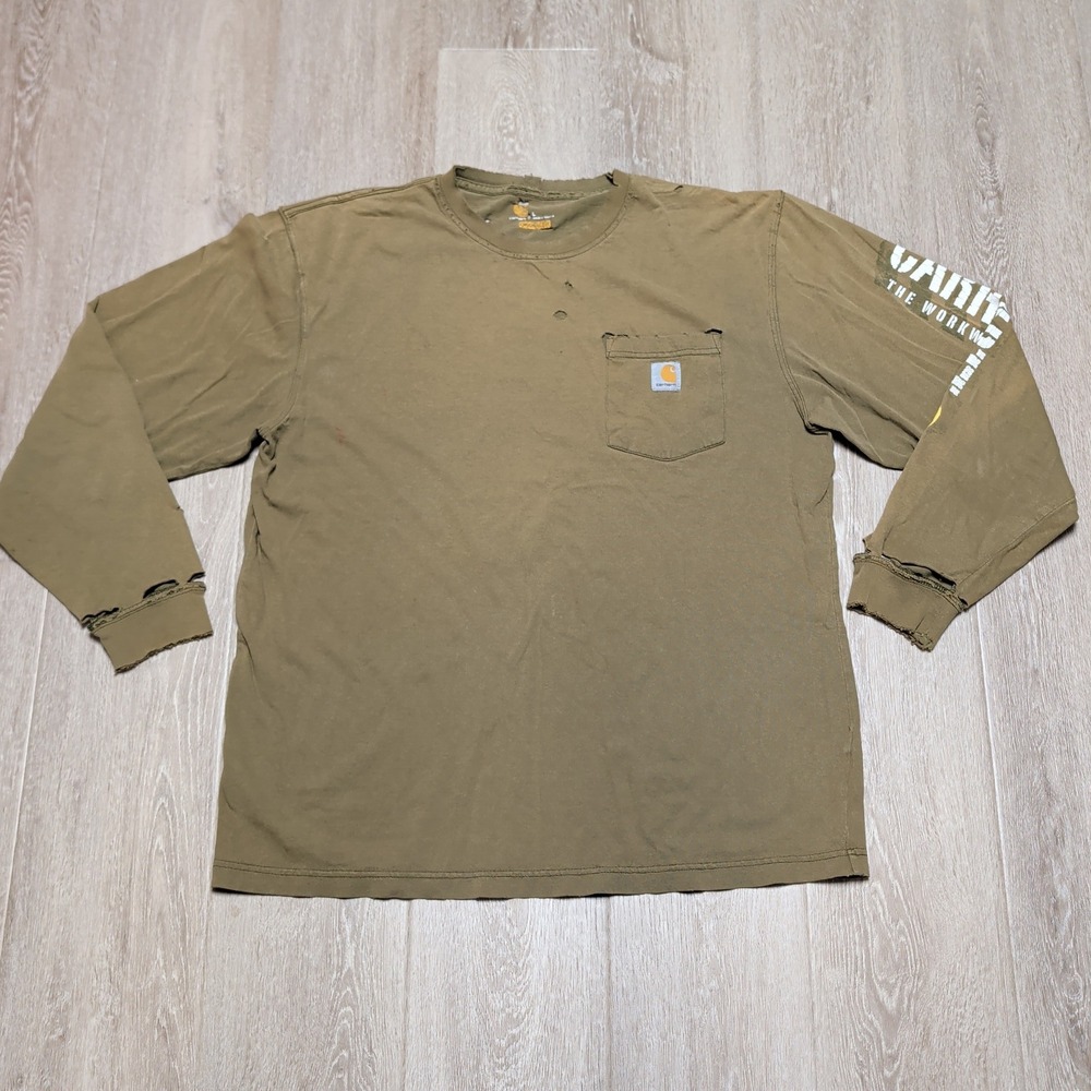 Carhartt Pocket T-Shirt Mens L Olive Distressed Long Sleeve Workwear Thrashed